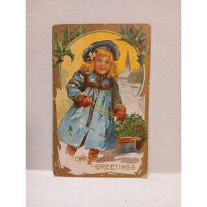Christmas‎ Little Girl Sled c1910 Vintage Postcard